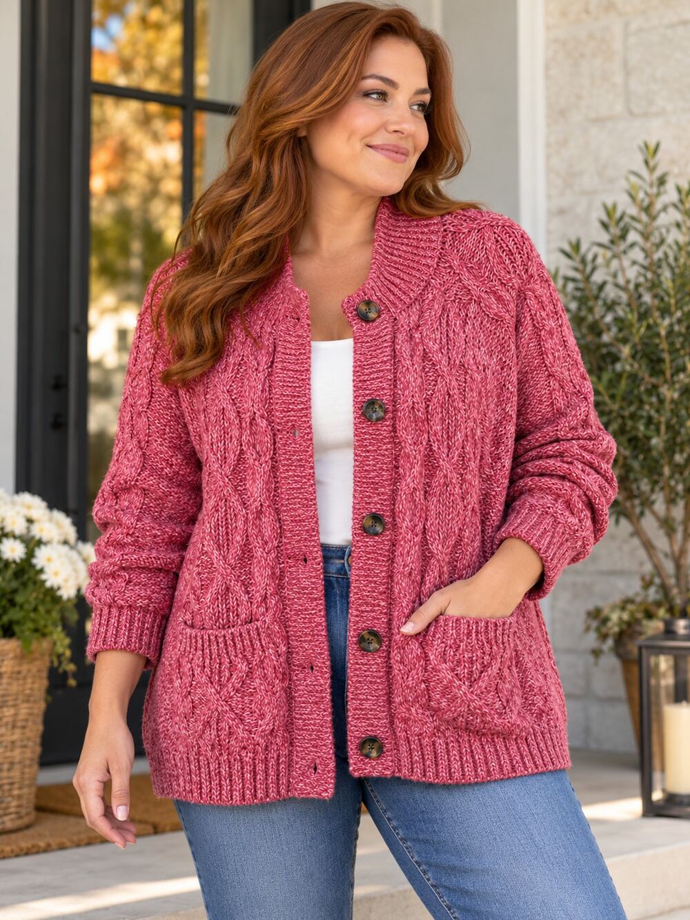 Talbots Plus 2X Pink Cable Knit Button Cardigan Sweater Cotton Blend Pockets